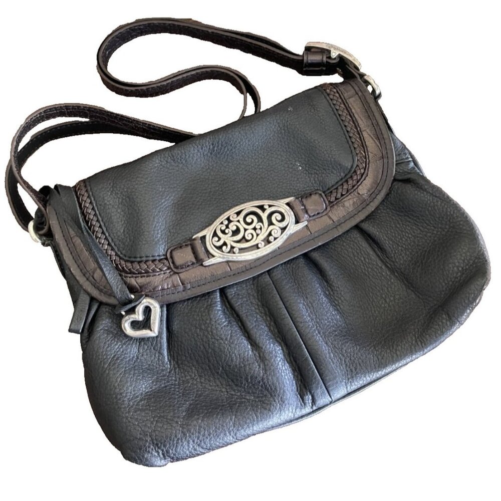 Brighton Pebbled Leather Silver Heart Concho Crossbody Handbag Purse Western
